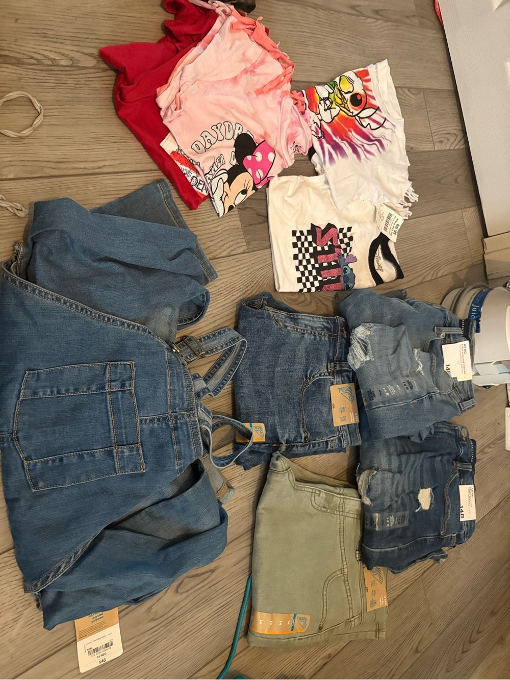 Denim Overalls and Mixed Kids Tops Lot - Blue, Pink, Red, White